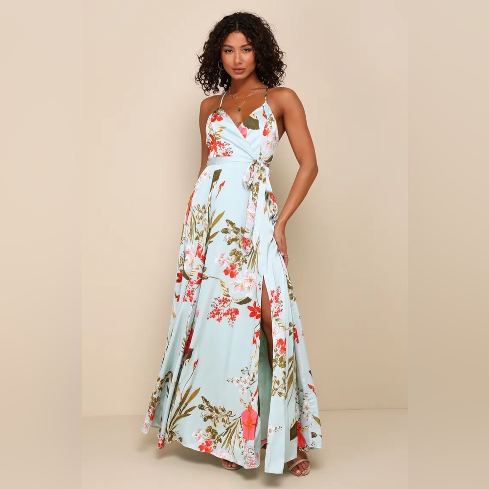 Lulus Still the One Sage Green Floral Print Satin Maxi Dress
